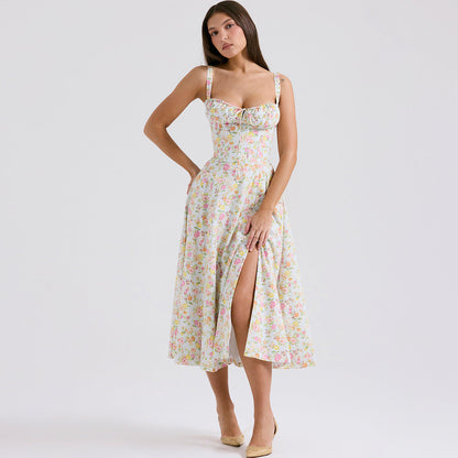 Backless Floral Halter Midi Dress