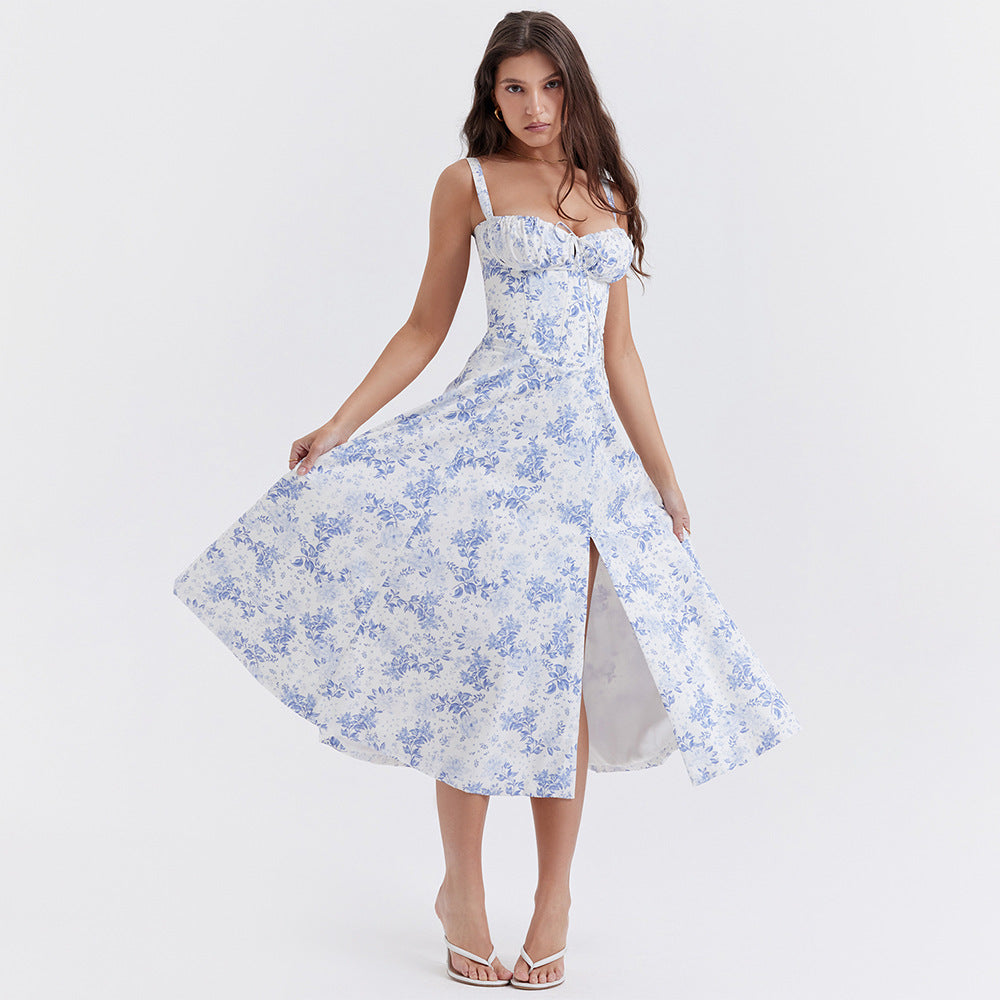 Backless Floral Halter Midi Dress