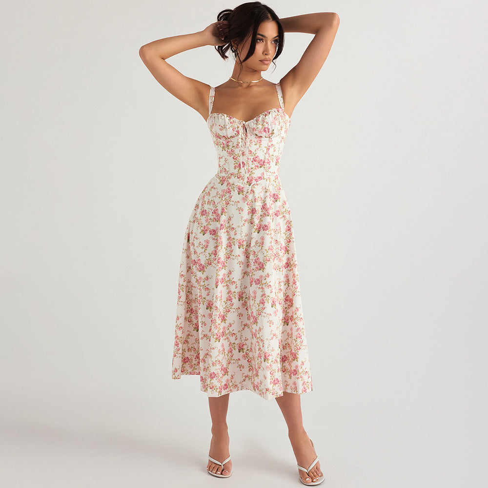 Backless Floral Halter Midi Dress