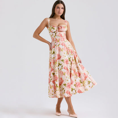 Backless Floral Halter Midi Dress