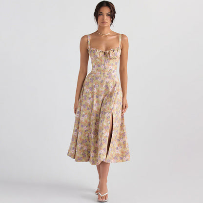 Backless Floral Halter Midi Dress