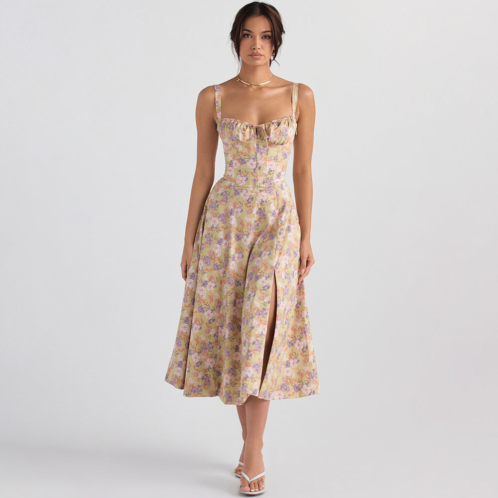 Backless Floral Halter Midi Dress