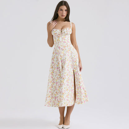 Backless Floral Halter Midi Dress